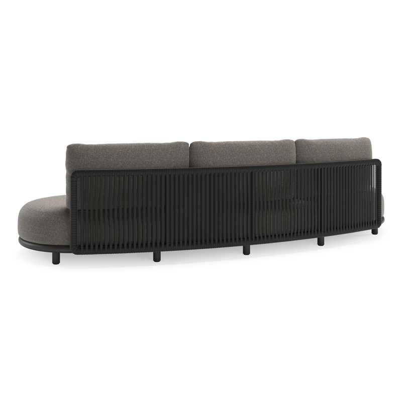 Lomano loungebank in zwart aluminium en zwart verticaal geweven luxe vlakke rope met chartres drizzle all weather sunbrella® luxe kussen