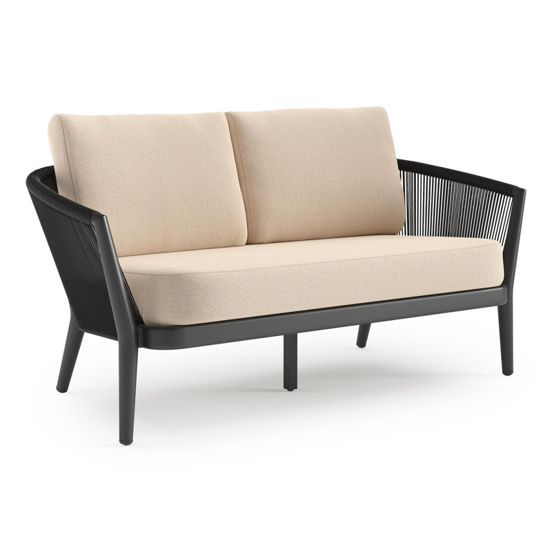 Orso loungebank in zwart aluminium en zwart verticaal geweven ronde rope met Heritage Papyrus all weather sunbrella® luxe kussen