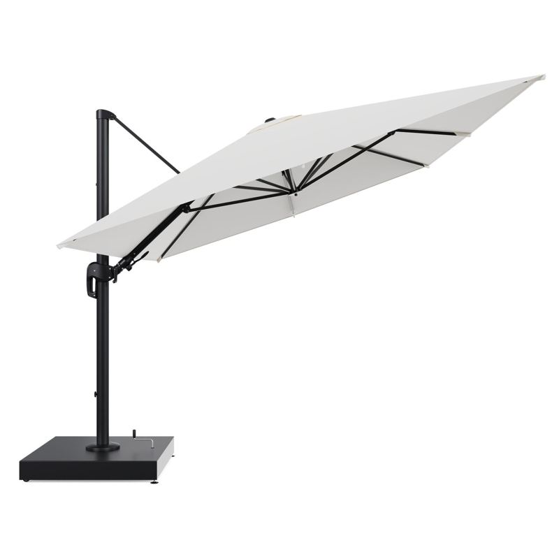 Parasol pendant Rufina avec fonction tilt en aluminium noir et toile de parasol All Weather Sunbrella® Luxe Natte White - Lg.1 400 x Lg.2 300 cm avec pied de parasol Minore 260 kg avec roulettes