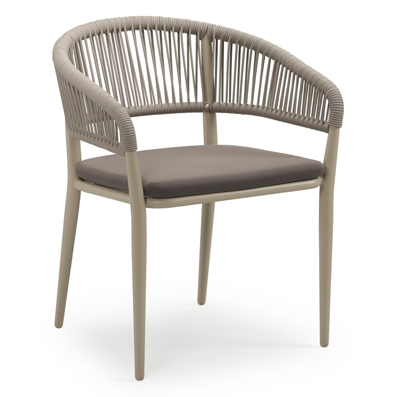 Tolfa stapelbare tuinstoel in beige aluminium en beige verticaal geweven ronde rope met stoelkussen in All Weather Sunbrella® Luxe Natte Nature Grey