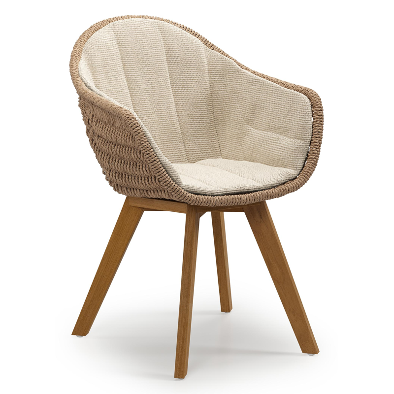 Pagino tuinstoel in teak en naturel ronde wicker met zitkussen in All Weather Cosytica Althea Chalk
