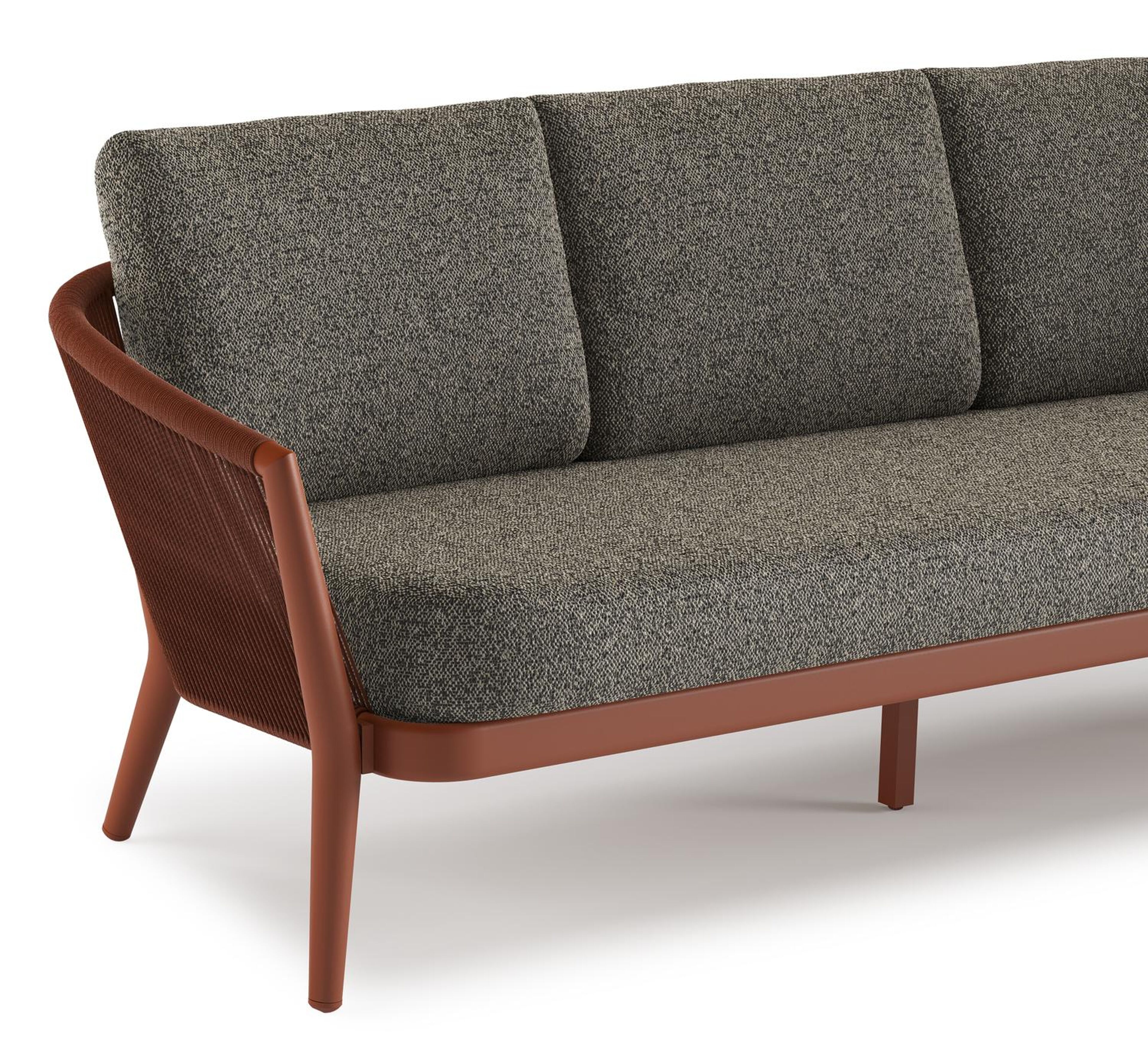 Orso loungebank in roestbruin aluminium en roestbruin verticaal geweven ronde rope met Marbella Tunder all weather cosytica kussen