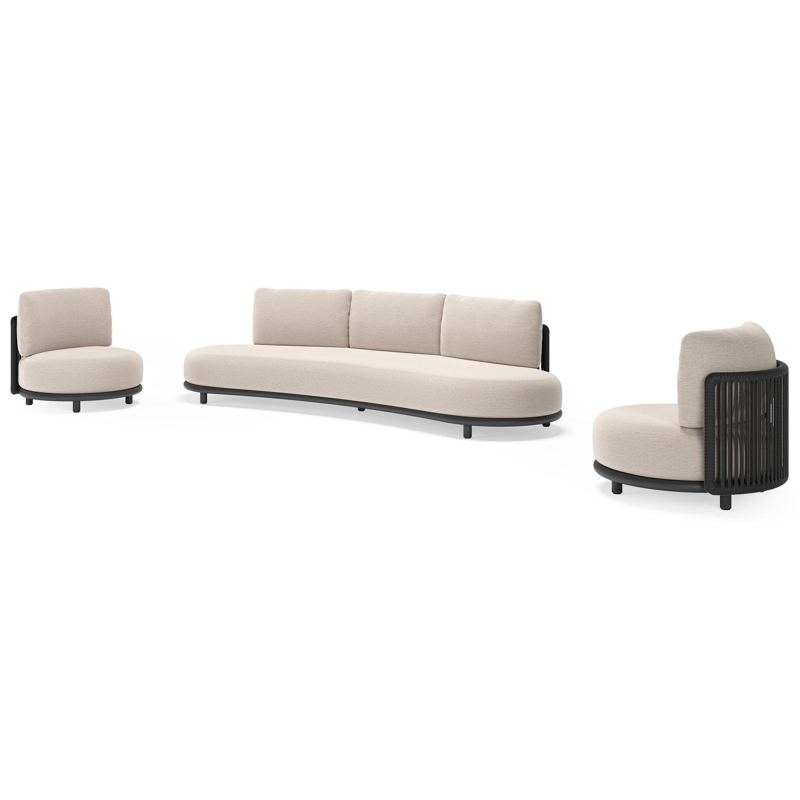 Salon de jardin Lomano en aluminium noir et corde luxe plate tissée verticalement noir et coussins en all weather sunbrella® luxe slow farafra