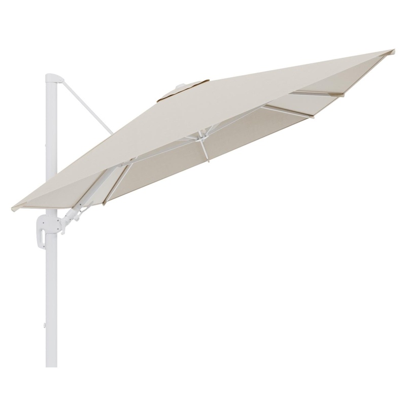 Rufina zweefparasol met tiltfunctie in wit aluminium met beige all weather sunbrella® premium parasoldoek - L1 350 x L2 250 cm (zonder voet)