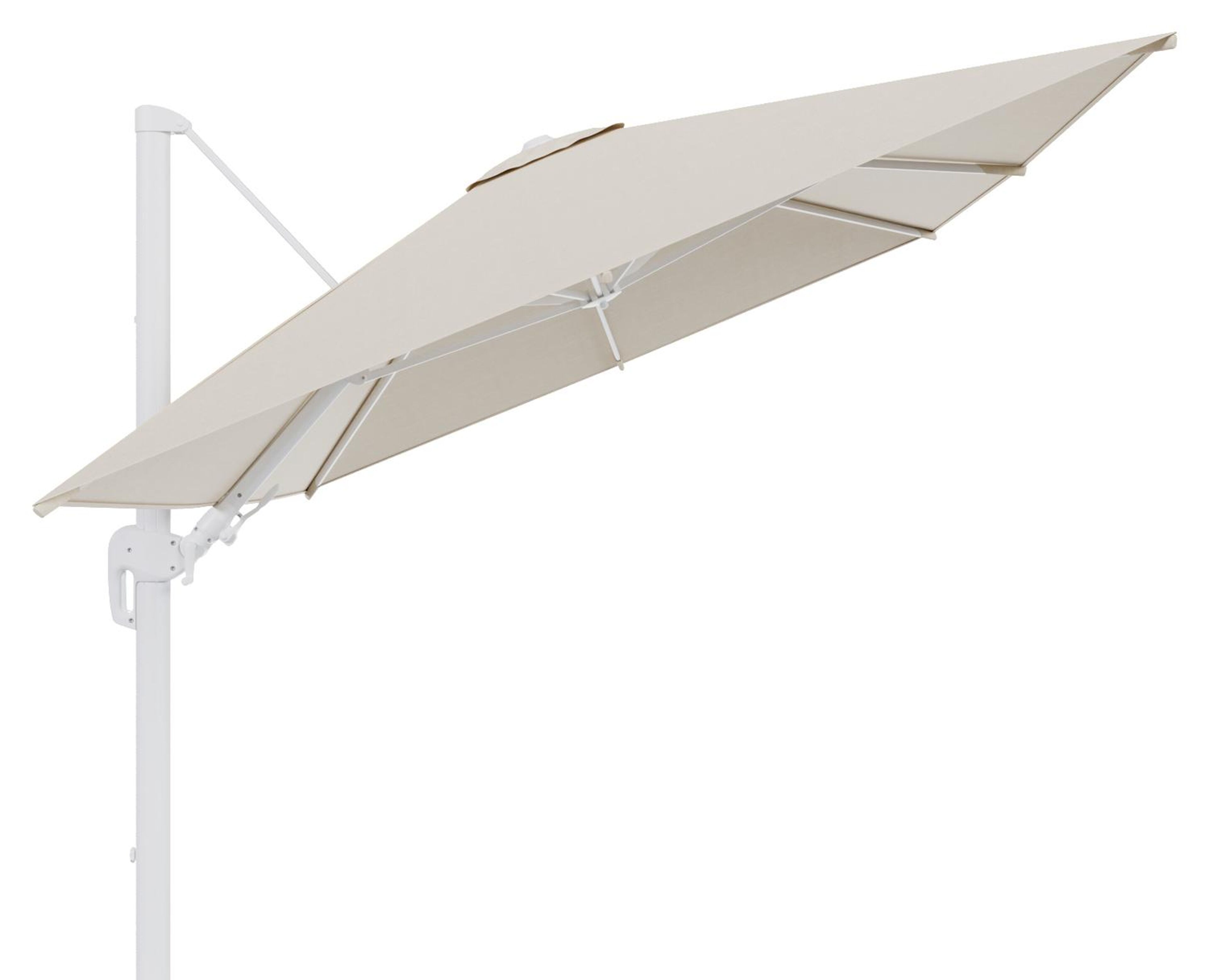 Rufina zweefparasol met tiltfunctie in wit aluminium met beige all weather sunbrella® premium parasoldoek - L1 350 x L2 250 cm (zonder voet)