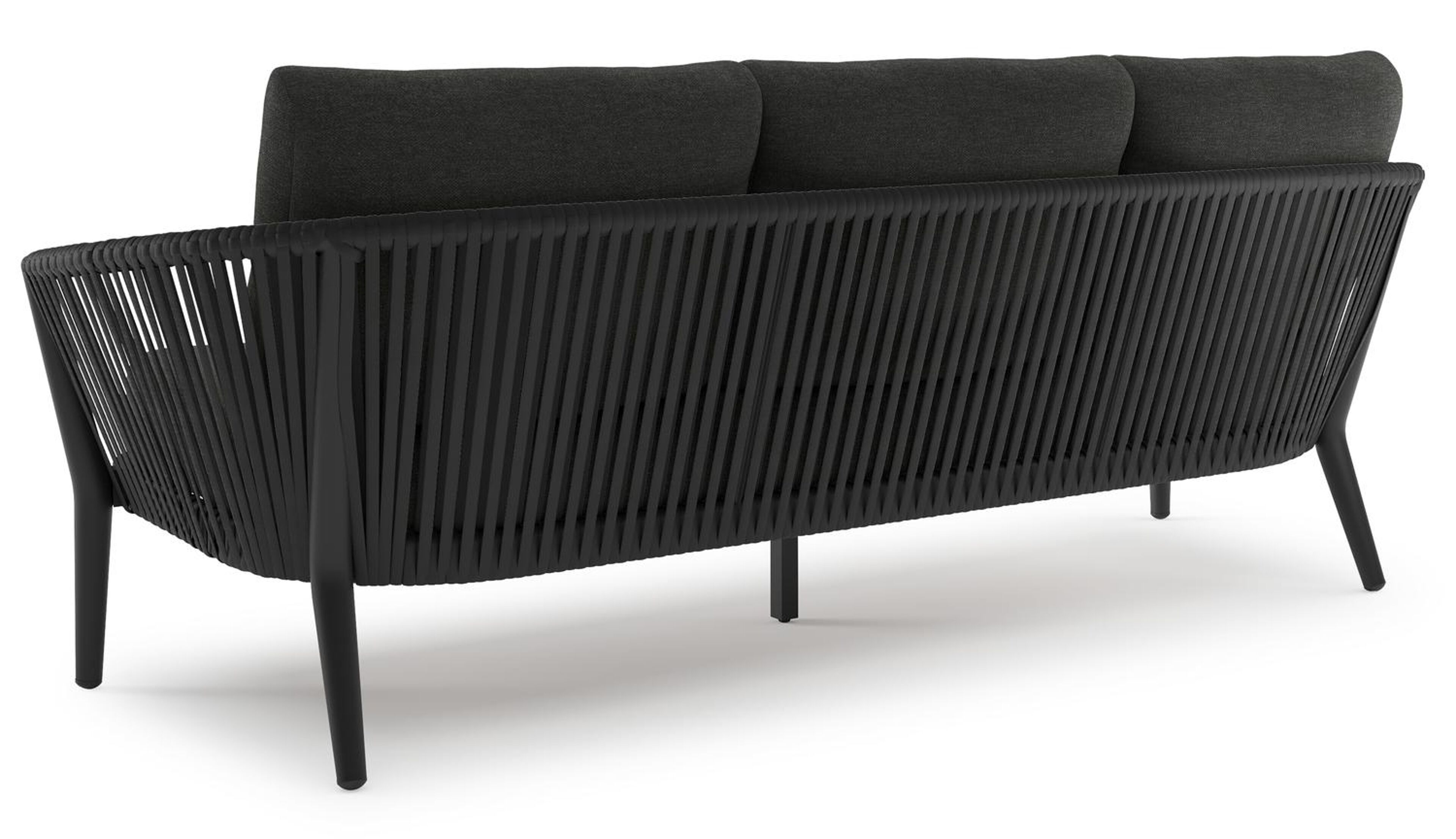 Salon de jardin Orso en aluminium noir en corde luxe plate tissée verticalement noir et coussins en all weather sunbrella® luxe Chartres Sooty