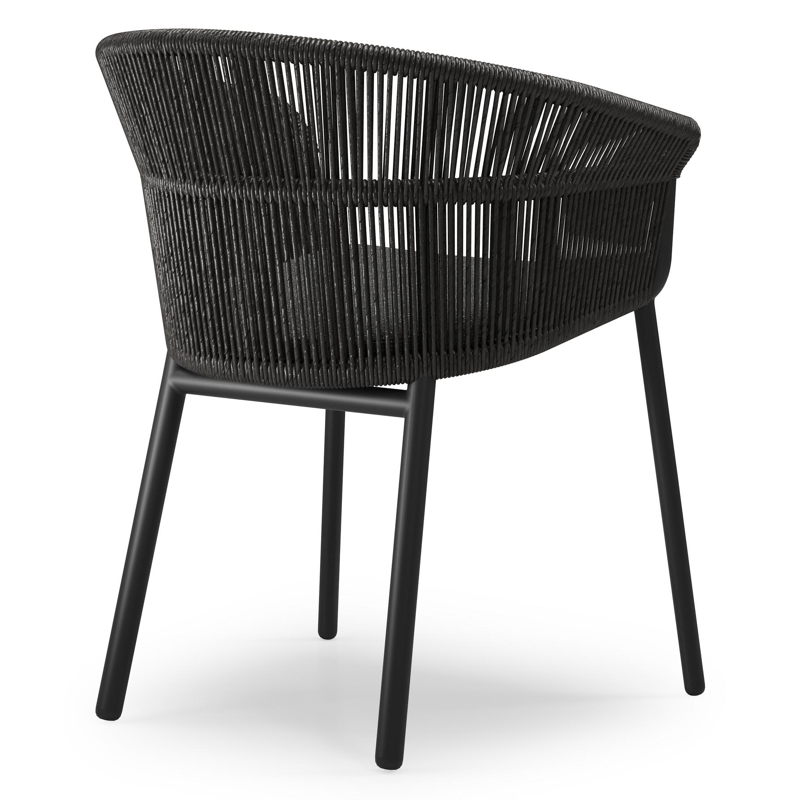 Matera stapelbare tuinstoel in zwart aluminium en zwart gedraaide ronde wicker met kussen in sky black weather+ softtouch