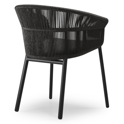 Matera stapelbare tuinstoel in zwart aluminium en zwart gedraaide ronde wicker met kussen in sky black weather+ softtouch