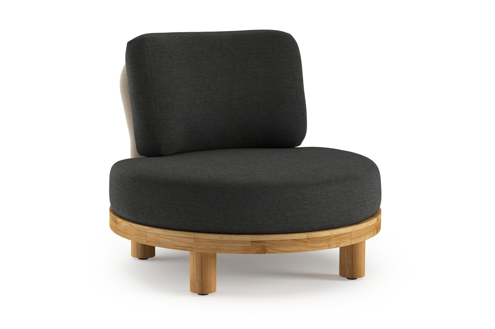 Donato loungestoel in teak en beige verticaal geweven ronde rope met all weather sunbrella® luxe Chartres Sooty kussen