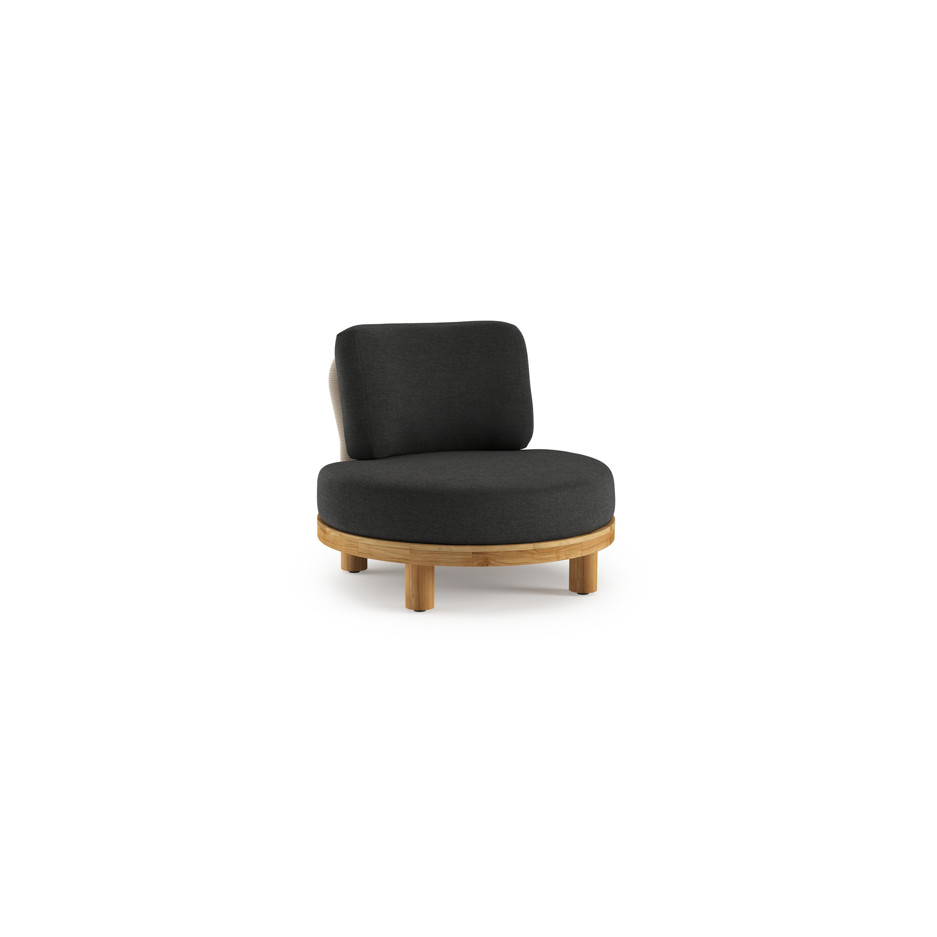 Donato loungestoel in teak en beige verticaal geweven ronde rope met all weather sunbrella® luxe Chartres Sooty kussen