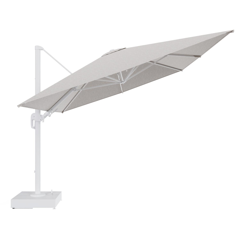 Rufina zweefparasol met tiltfunctie in wit aluminium en Tundra Sand All Weather Sunbrella® Luxe parasoldoek - L1 400 x L2 300 cm met parasolvoet Minore 150 kg met wielen
