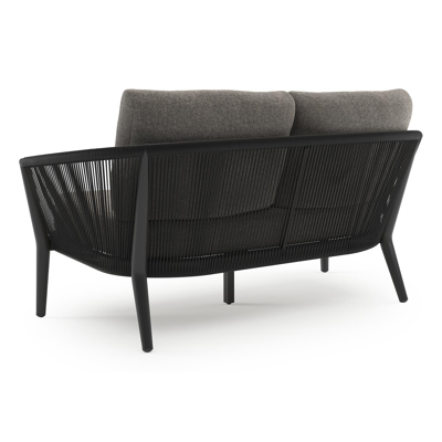 Canapé de jardin Orso en aluminium noir en corde ronde tissée verticalement noir et coussins en all weather sunbrella® luxe Chartres Drizzle