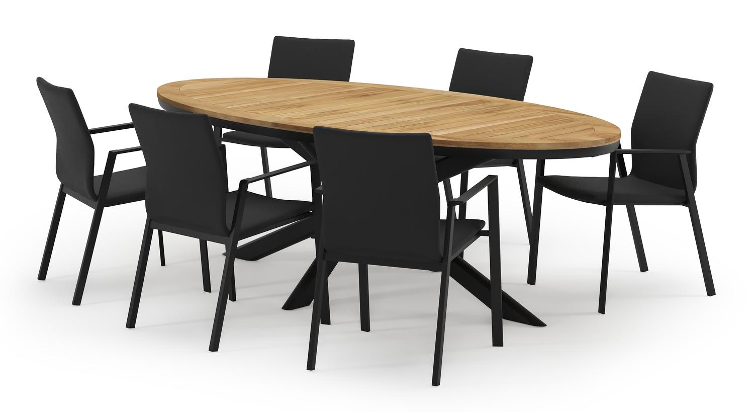 Pamplona ovale tuinset in zwart aluminium en teak natural finish met 6 Madura tuinstoelen