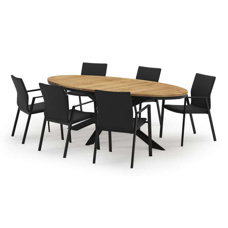 Pamplona ensemble de jardin ovale en aluminium noir en teck natural finish avec 6 chaises de jardin Madura