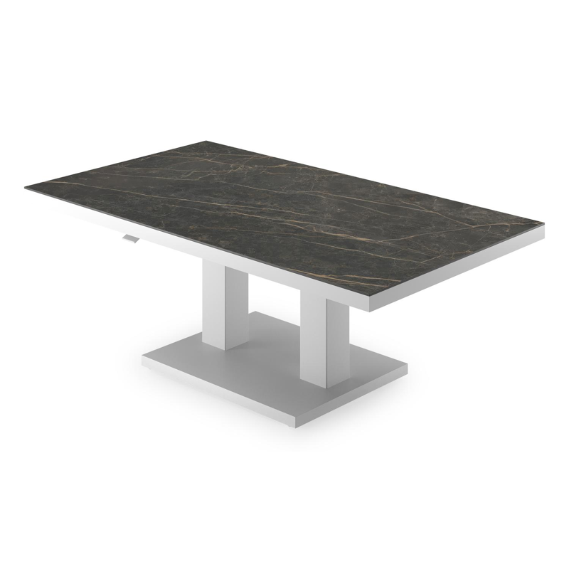 Cirello pop-up loungetafel rechthoekig in wit aluminium en volkeramiek Black Obsession - L 140 x B 80 x H 71 cm