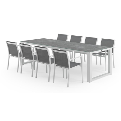 Livo tuinset in wit aluminium en grijs keramisch glas tafelblad met 8 stapelbare Bareto tuinstoelen