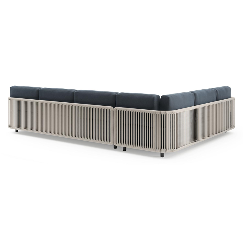 Organo loungehoek in zwart aluminium en beige verticaal geweven luxe vlakke rope met heritage indigo all weather Sunbrella® luxe kussen