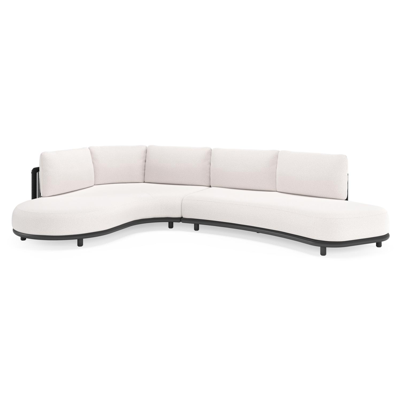 Lomano loungehoek in zwart aluminium en zwart verticaal geweven luxe vlakke rope met ego eggshell all weather solica kussen