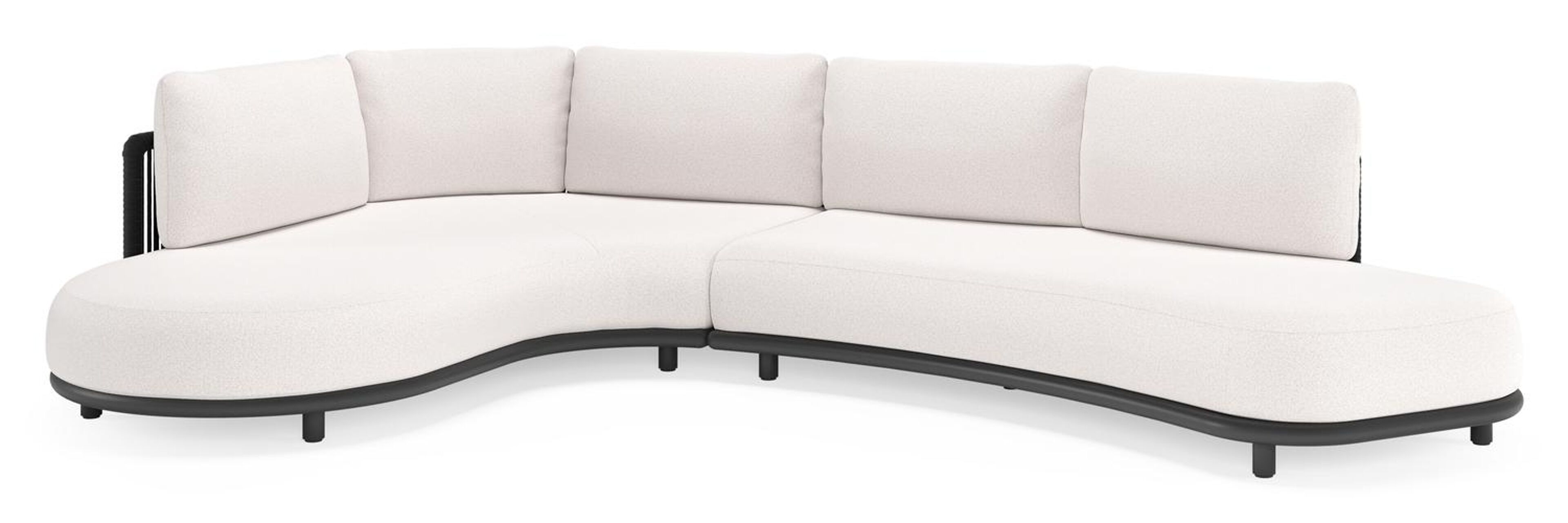 Lomano loungehoek in zwart aluminium en zwart verticaal geweven luxe vlakke rope met ego eggshell all weather solica kussen