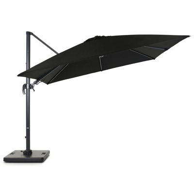 Avola zweefparasol met tiltfunctie in zwart aluminium met zwart all weather sunbrella® premium parasoldoek - L1: 300 x L2: 300 cm (met voet)