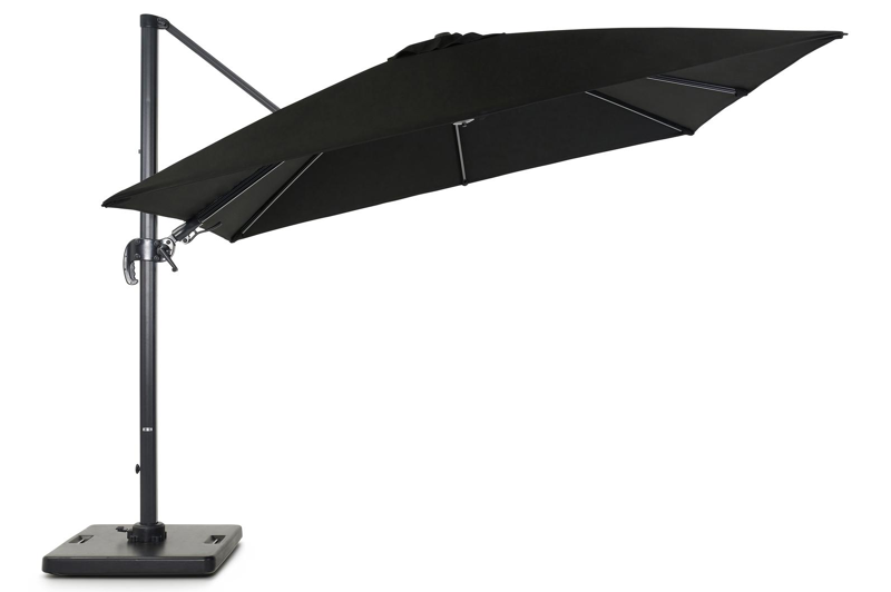 Avola zweefparasol met tiltfunctie in zwart aluminium met zwart all weather sunbrella® premium parasoldoek - L1: 300 x L2: 300 cm (met voet)
