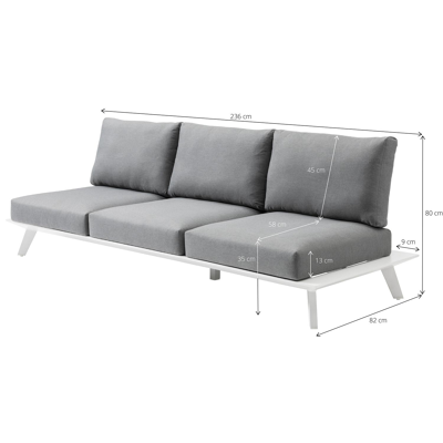 Canapé de jardin Puglia 3-pl en aluminium blanc avec coussin en weather+ softtouch gris