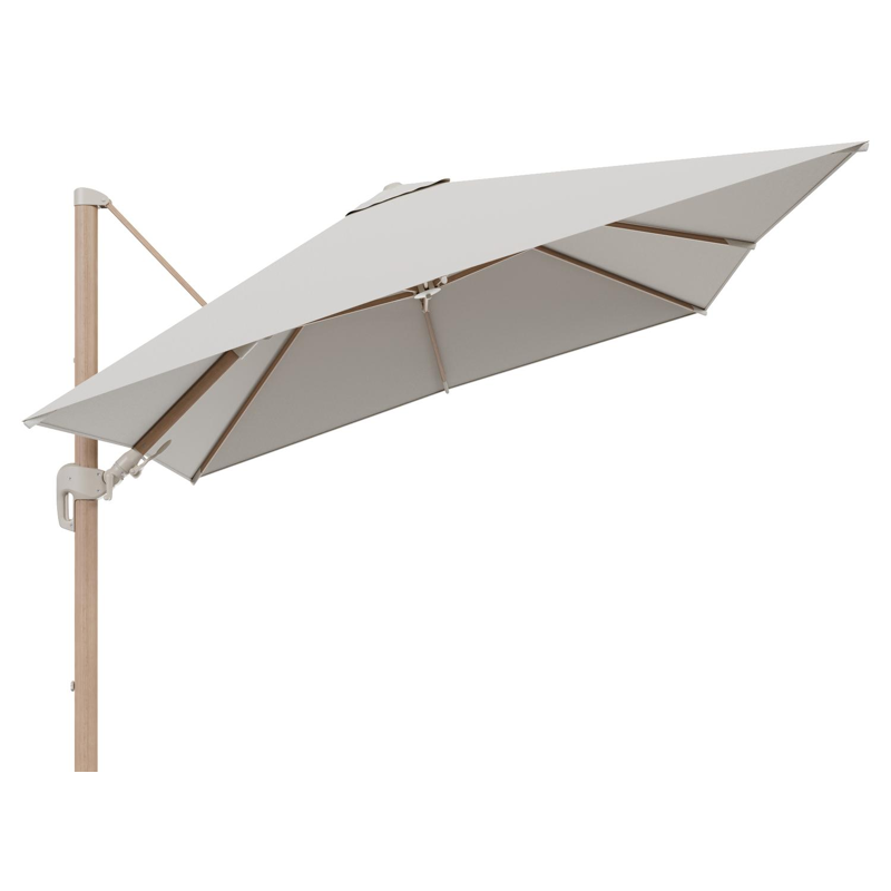 Rufina zweefparasol tiltfunctie in houtlook aluminium en parasoldoek in All Weather Sunbrella® Luxe Lopi Marble  - L1 300 x L2 300 cm (zonder voet)