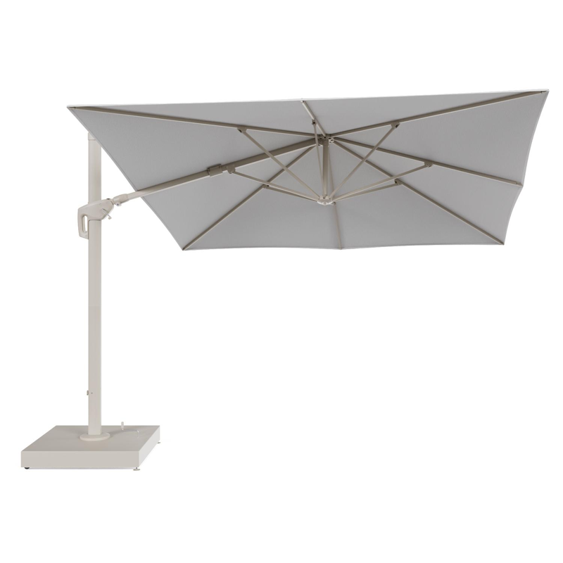 Minore zweefparasol met tiltfunctie in beige aluminium en Ego Birch All Weather Solica parasoldoek - L1 350 x L2 350 cm met parasolvoet Minore 260 kg met wielen