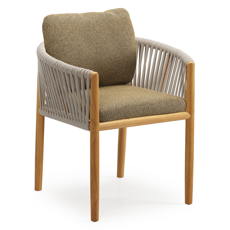 Organo tuinstoel in teak en beige verticaal geweven luxe vlakke rope met zitkussen in All Weather Cosytica Madagascar Walnut
