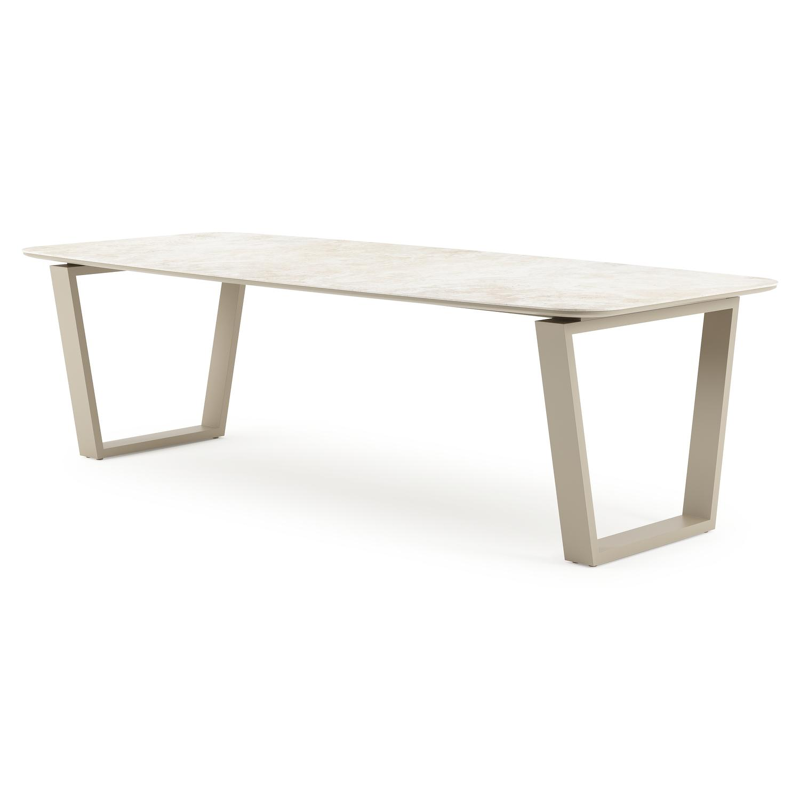 Table de jardin Pagino forme de bateau en aluminium beige et céramique pleine Rapolano Lg. 255 x Lrg. 115 cm