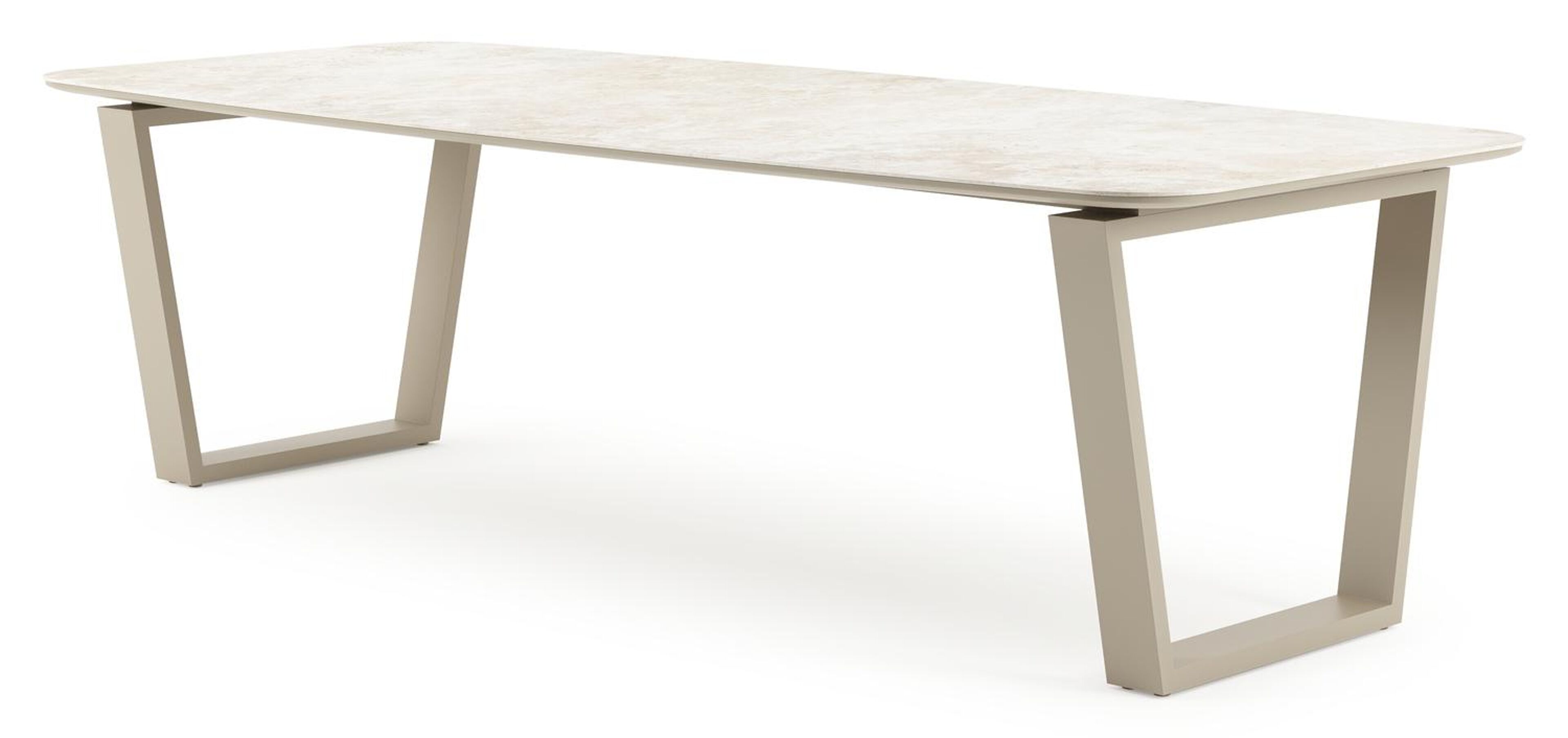 Table de jardin Pagino forme de bateau en aluminium beige et céramique pleine Rapolano Lg. 255 x Lrg. 115 cm