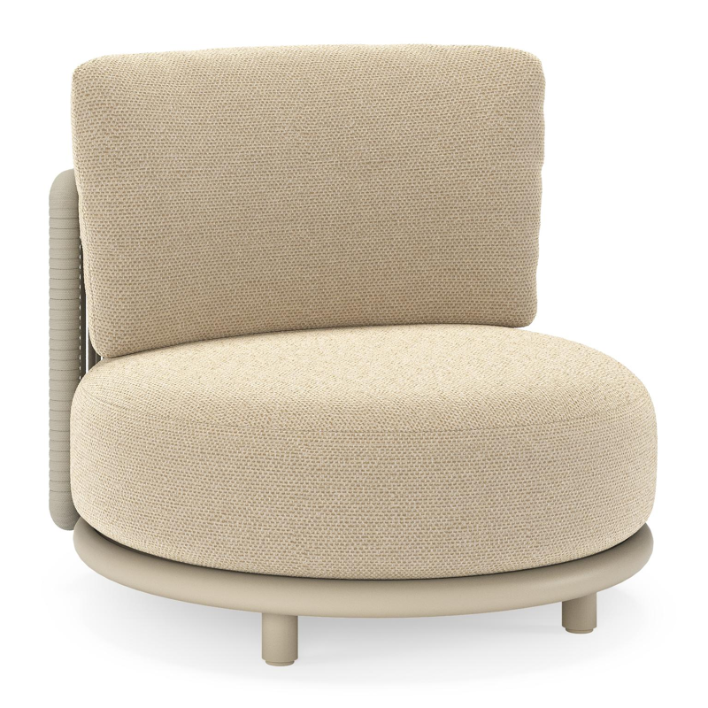 Lomano loungestoel in beige aluminium en beige verticaal geweven luxe vlakke rope met Althea Camel all weather cosytica