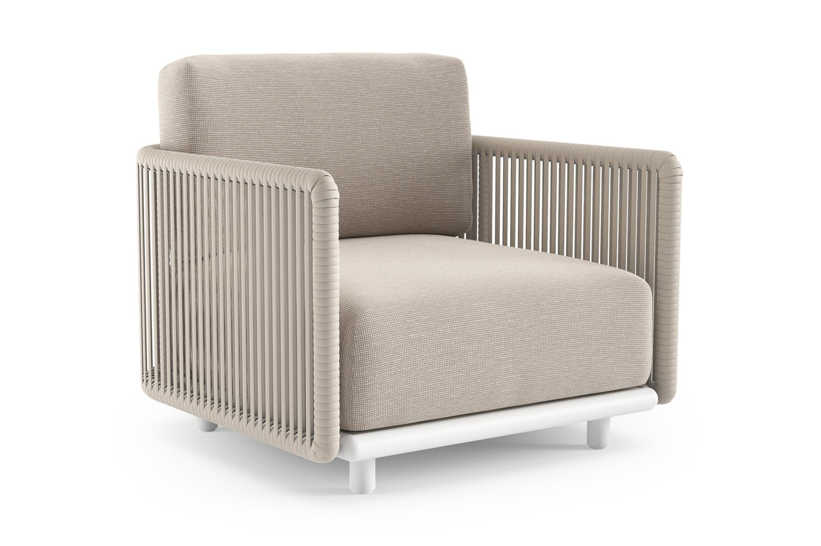 Organo loungestoel in wit aluminium en beige verticaal geweven luxe vlakke rope met slow farafra all weather Sunbrella® luxe kussen