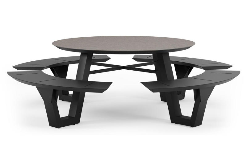 Rondino picknicktafel in zwart aluminium en volkeramiek wulong tafelblad - Dia. 148 x H 71.5 cm