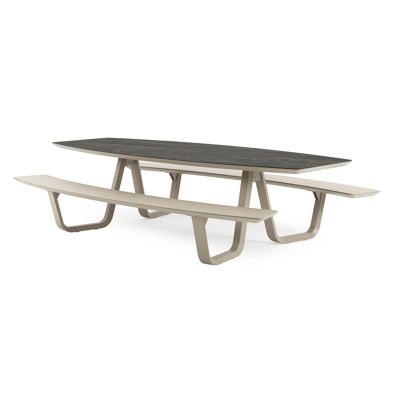 Table de pique-Forno forme de bateau en aluminium beige et céramique pleine Black Obsession - Lg. 280 x Lrg. 192 x Haut. 72 cm