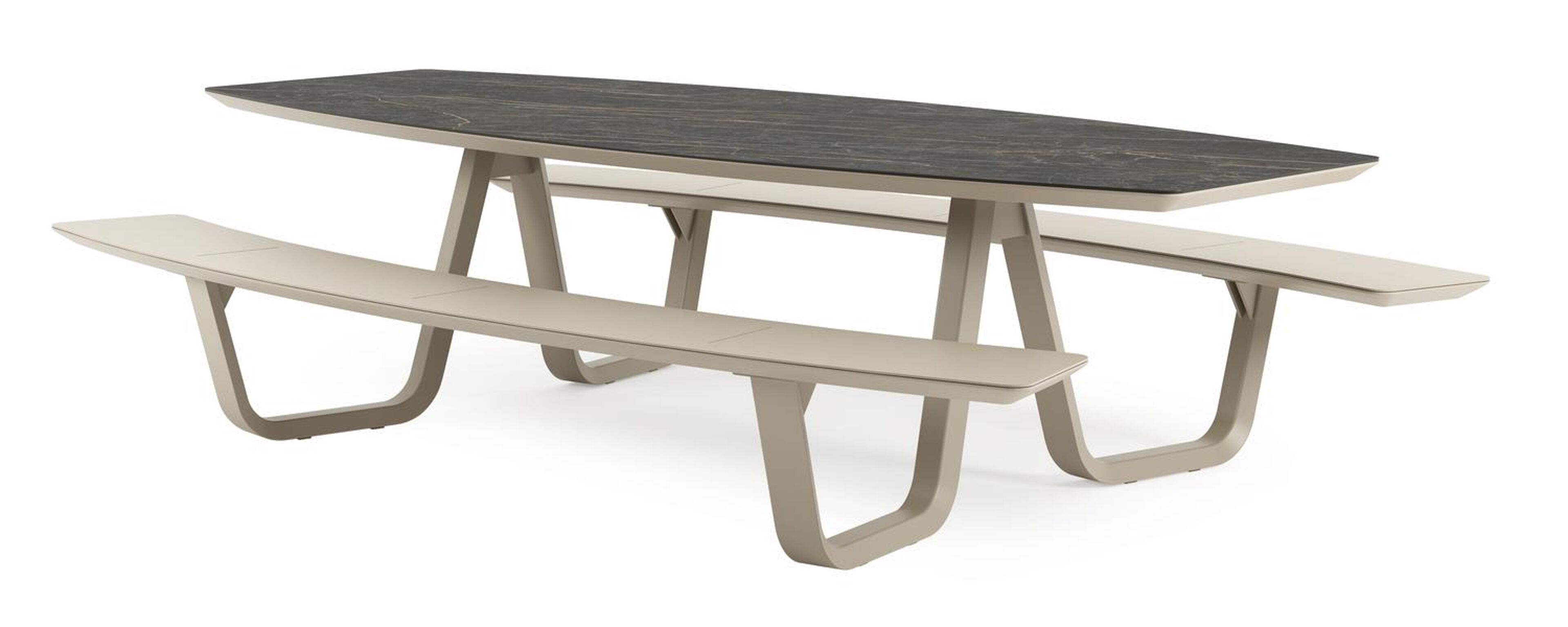 Table de pique-Forno forme de bateau en aluminium beige et céramique pleine Black Obsession - Lg. 280 x Lrg. 192 x Haut. 72 cm