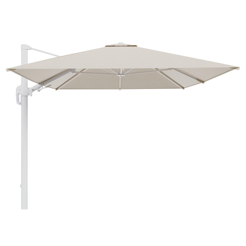 Rufina zweefparasol met tiltfunctie in wit aluminium met beige all weather sunbrella® premium parasoldoek - L1 350 x L2 250 cm (zonder voet)