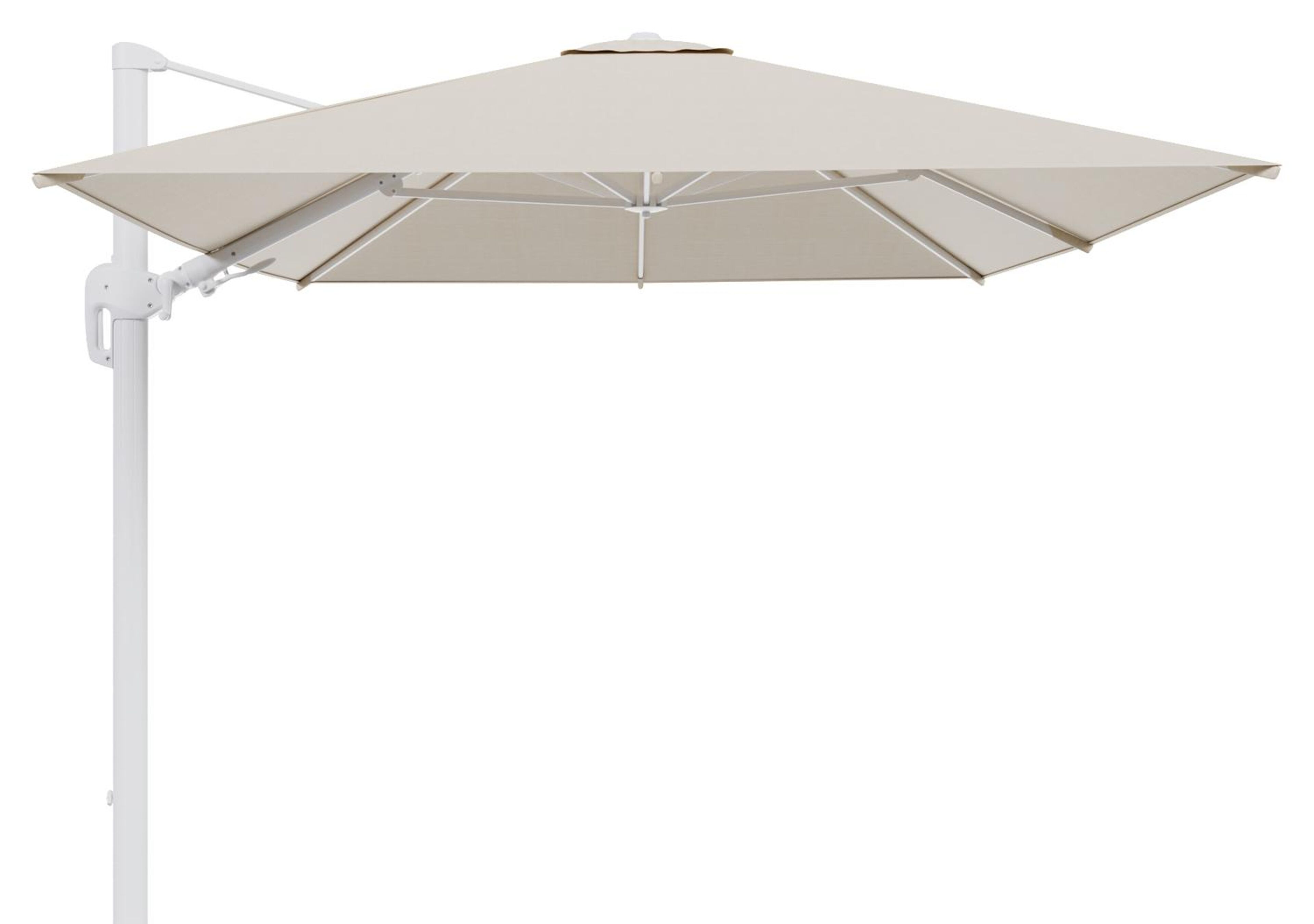 Rufina zweefparasol met tiltfunctie in wit aluminium met beige all weather sunbrella® premium parasoldoek - L1 350 x L2 250 cm (zonder voet)