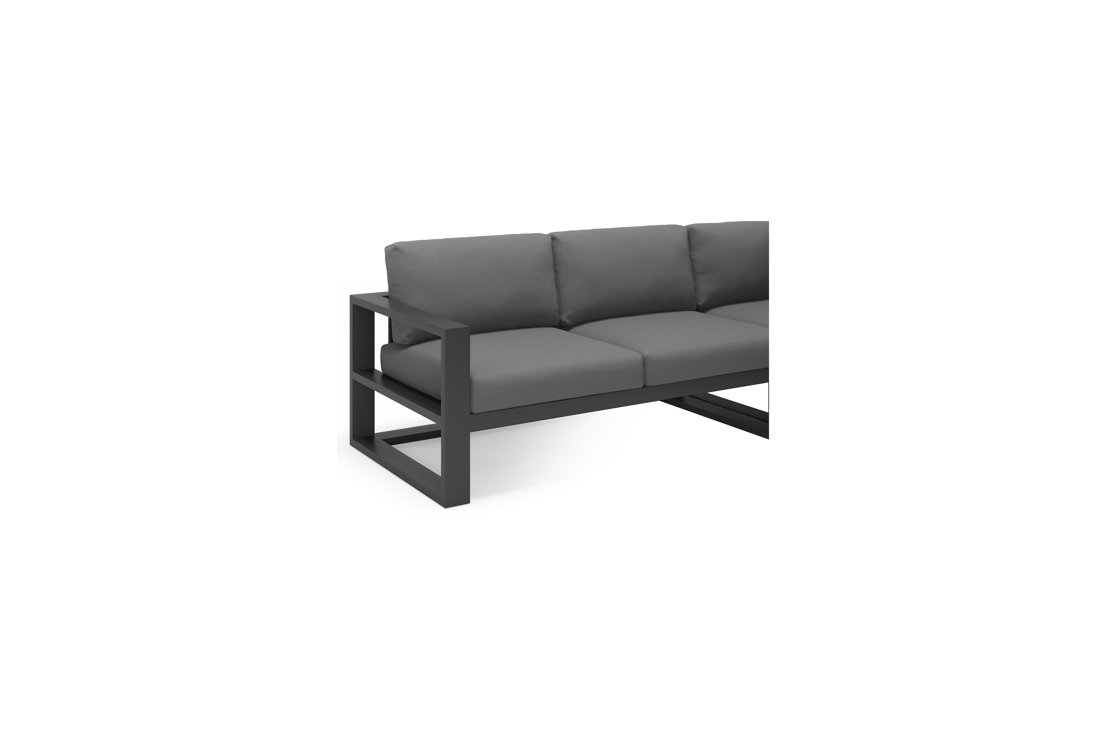 Verato loungehoek in zwart aluminium met natte charcoal chine all weather sunbrella® luxe kussens