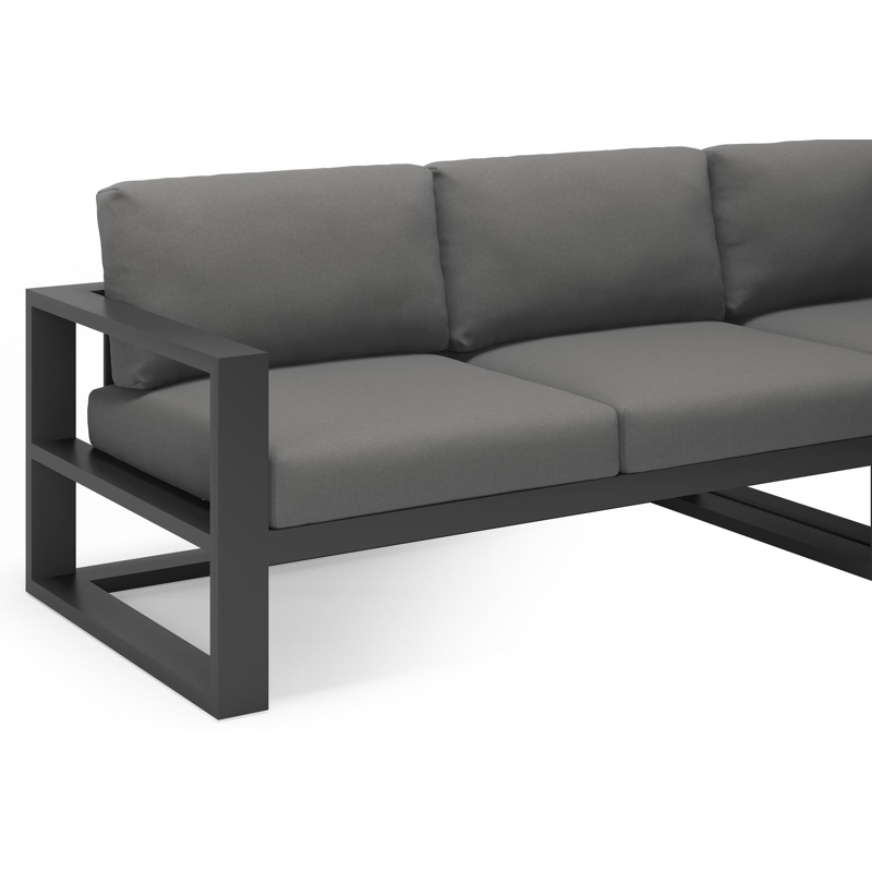 Verato loungehoek in zwart aluminium met natte charcoal chine all weather sunbrella® luxe kussens