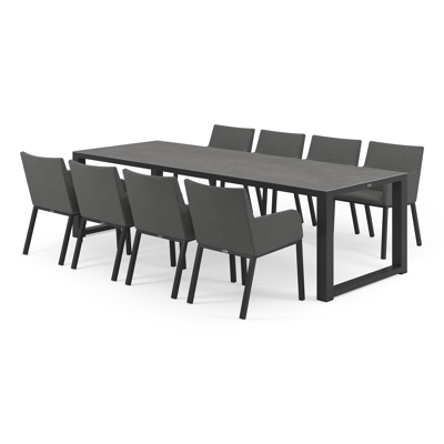 Livo tuinset in zwart aluminium en grijs volkeramiek tafelblad met 8 Rivo tuinstoelen