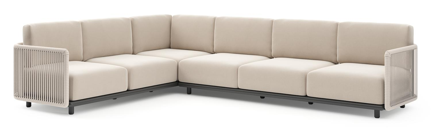 Organo loungehoek in zwart aluminium en beige verticaal geweven luxe vlakke rope met lopi antique all weather Sunbrella® luxe kussen