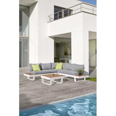 Salon de jardin d'angle Alora en aluminium blanc et polywood avec coussin en gris polyester et table basse