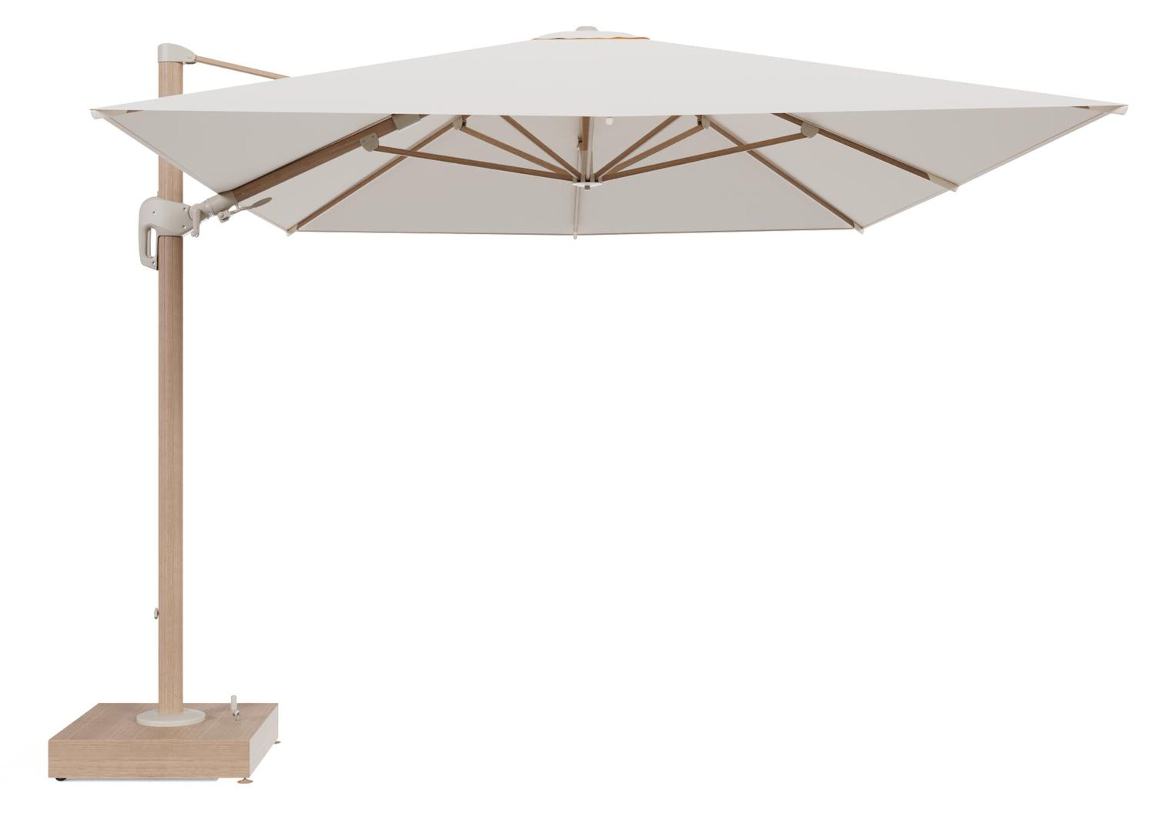 Rufina zweefparasol met tiltfunctie in houtlook aluminium en Natte Linen Chalk All Weather Sunbrella® Luxe parasoldoek - L1 400 x L2 300 cm met parasolvoet Minore 150 kg met wielen