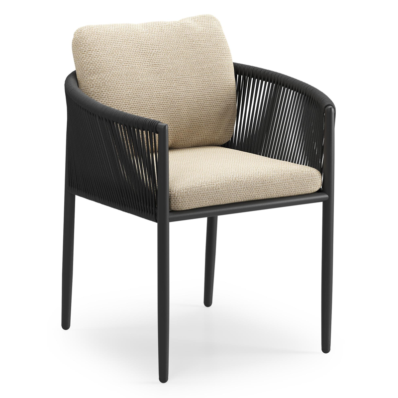 Organo tuinstoel in beige aluminium en beige verticaal geweven ronde rope met stoelkussen in All Weather Cosytica Althea Camel