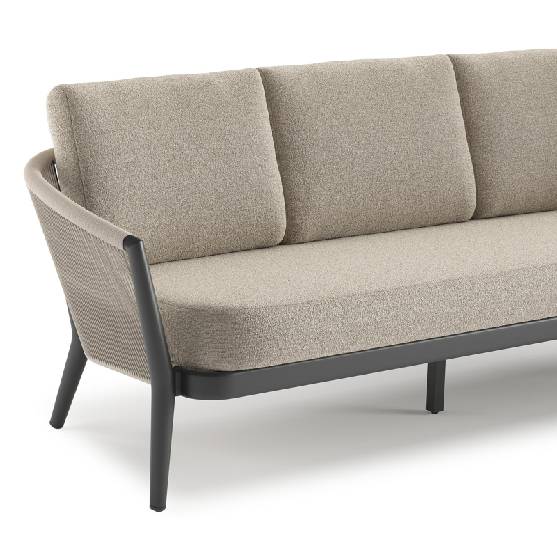 Orso loungeset in zwart aluminium en beige verticaal geweven ronde rope met Catania Greige all weather cosytica kussen