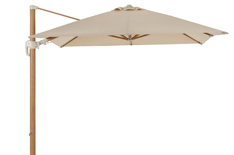 Rufina zweefparasol met tiltfunctie in houtlook met beige all weather sunbrella® premium parasoldoek - L1 400 x L2 300 cm (zonder voet)