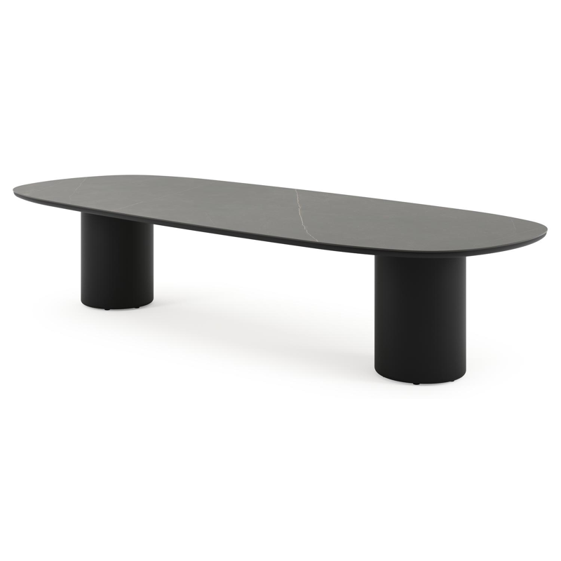 Table de jardin low dining Amico bombo en aluminium noir et céramique pleine Calatorao - Lg. 320 x Lrg. 130 x Haut. 61 cm