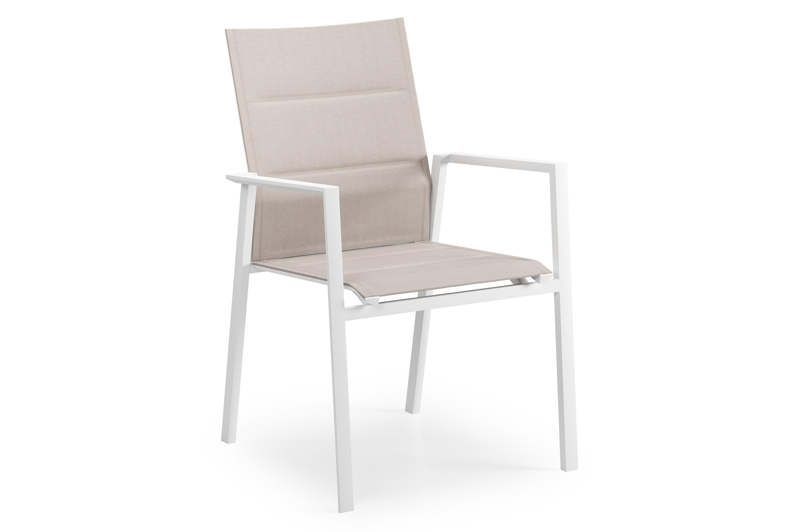 Cirello stapelbare tuinstoel in wit aluminium en beige dubbele textilene