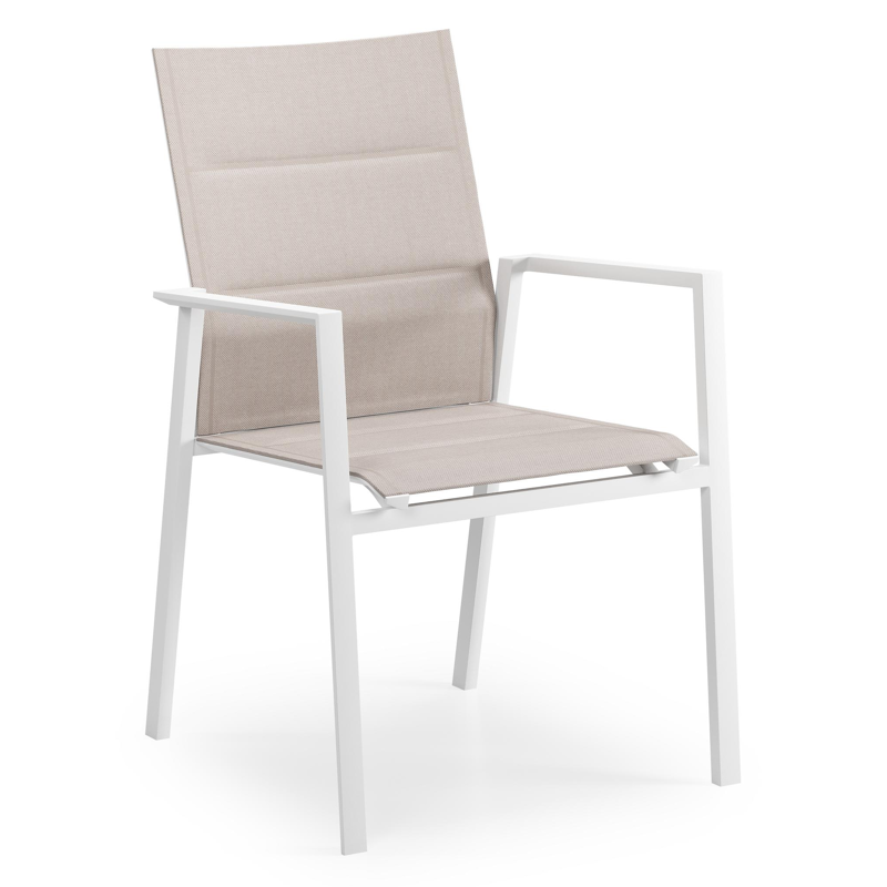 Cirello stapelbare tuinstoel in wit aluminium en beige dubbele textilene